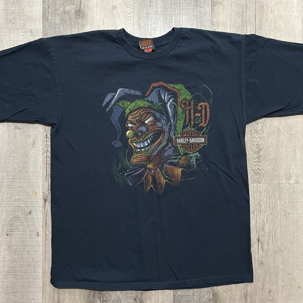 Harley Davidson Joker Jester T Shirt Black Greeley Colorado SS Biker Blue Large